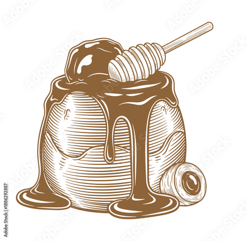 honey pouring from a jar with a wooden honey dipper on top and a roll of honeycomb beside it