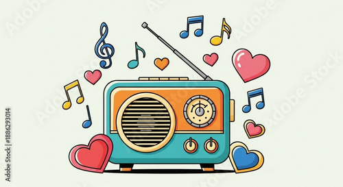 Retro radio with colorful hearts and music notes floating around