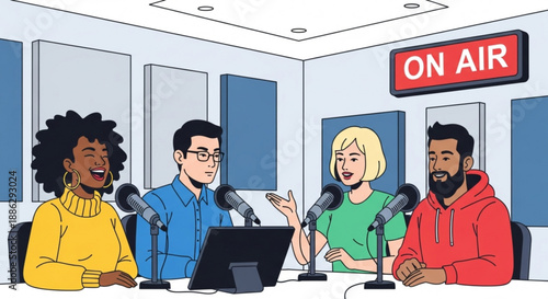 Four diverse people podcasting in studio with on air sign
