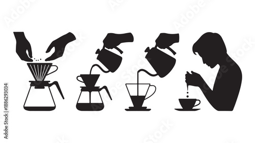 Woman Pouring Coffee in Minimalist Silhouette with Soft Lighting for Coffee Culture Illustration