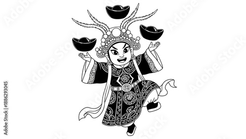 Cartoon illustration of cai shen, chinese god of wealth, juggling with golden ingots against white