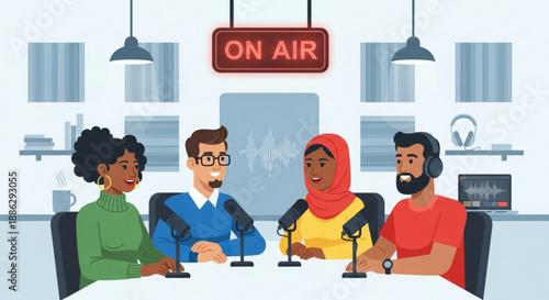 Diverse group podcasting with on air sign in modern studio setting
