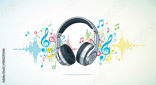 Headphones with colorful music notes and sound waves on white