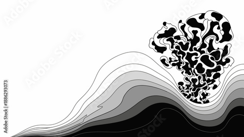 Abstract black and white illustration of fluid shapes over a grayscale background with elegant lines