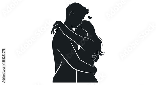 A silhouetted couple embraces tenderly conveying affection and intimacy through their close physical connection and body language
