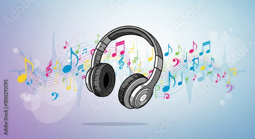 Headphones with colorful music notes floating around