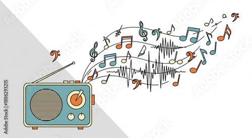 Vintage radio emitting colorful music notes and sound waves