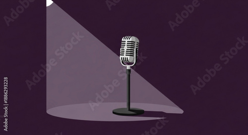 Vintage microphone under spotlight on dark background with beam