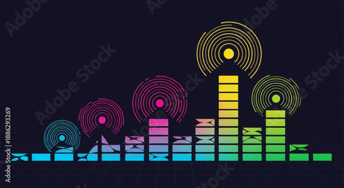 Colorful sound wave graphic with vibrant bars and swirls on black