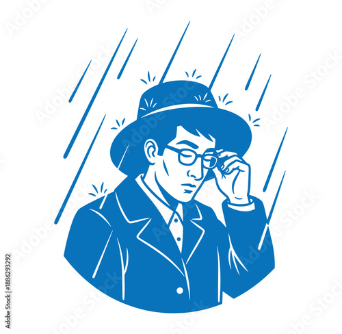 man in blue suit and hat with hand on glasses in rain