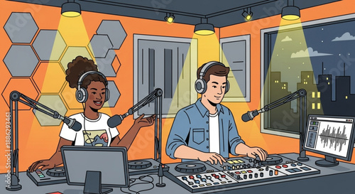 Two djs working in a radio studio at night with headphones on