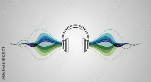Headphones with colorful sound wave on gray background