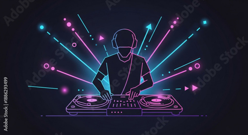 Dj mixing music with neon lights and headphones on