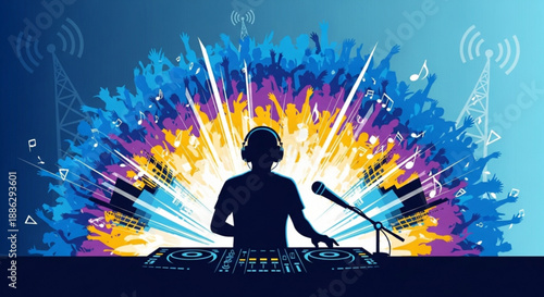Dj performing with colorful music background and equipment