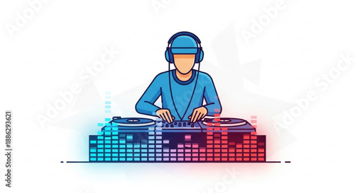 Dj mixing music with colorful sound equalizer in studio