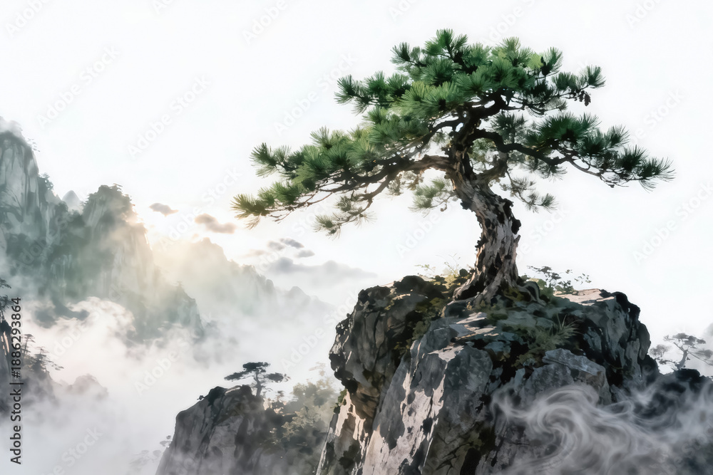 Fototapeta premium Pine Tree on Cliff with Misty Mountains