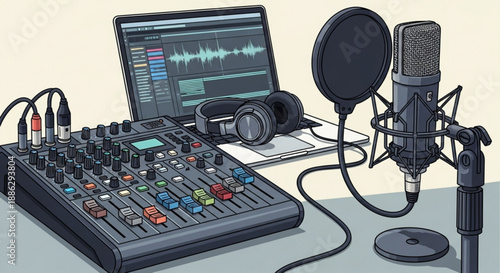Podcast recording studio setup with microphone and mixer