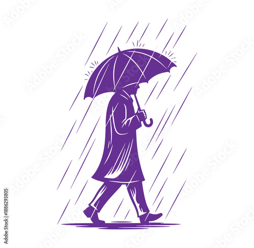 person walking with umbrella in the rain on white background