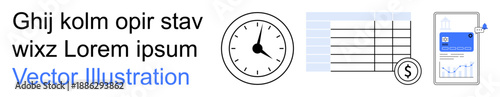 Time management, financial planning, mobile technology, data analytics, modern business, workflow efficiency. Clock, table and smartphone with data. Time management and financial planning concepts