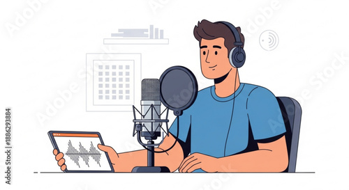 Man recording podcast with microphone and digital tablet in studio
