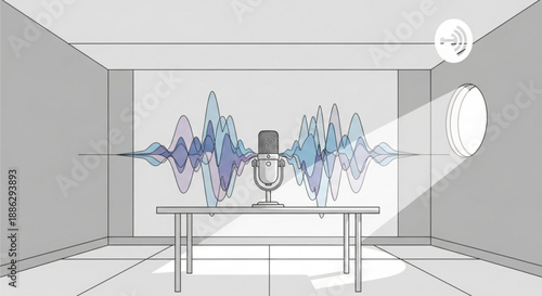 Microphone on table with sound wave graphic in recording studio
