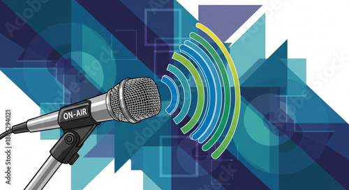 Microphone on air sign broadcasting live radio waves signal