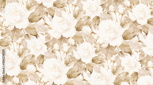 Tableau sur toile A soft and romantic seamless pattern featuring vintage watercolor roses in warm beige and sepia tones for a nostalgic cottagecore feel