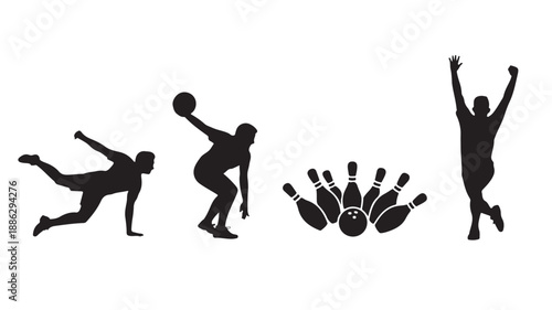 Bowling Silhouettes in Dynamic Motion with Black Profiles on White Background for Sports Illustration
