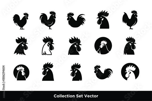 Set of rooster chicken Silhouette Logo Vector Illustration, Farm Animal Icons for Poultry and Food Branding