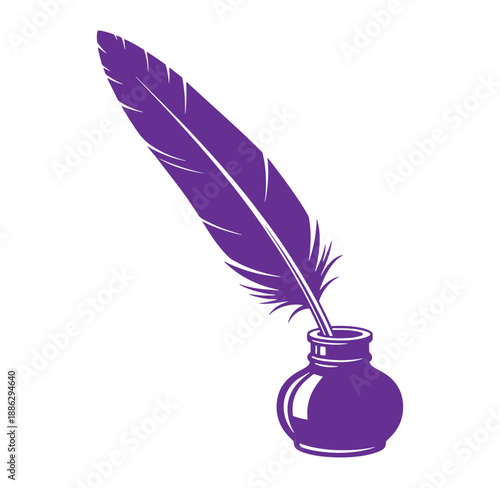 Purple feather quill pen in a round inkwell on white background