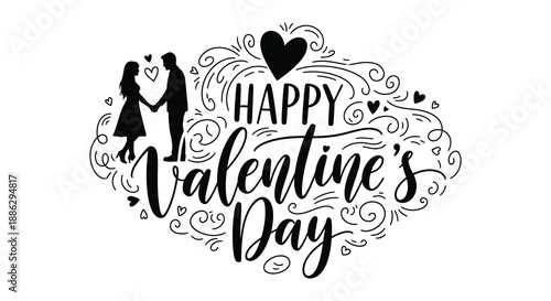 A beautifully designed valentine s day illustration featuring a couple hearts and elegant calligraphy in black and white