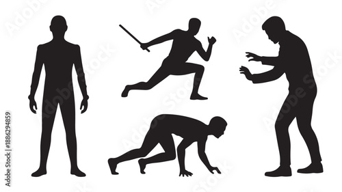 Silhouetted man in various athletic poses with sword and ball in dynamic action on white background for sports illustration