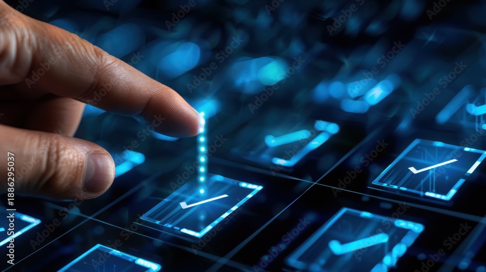 Fototapeta premium Finger Selecting Digital Checkmark on Futuristic Interface Displaying Data Trends and Analytics in Technology Environment