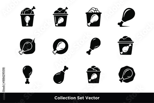 Fried Chicken Bucket and Leg Icon Set Vector Illustration, Fast Food Crispy Chicken Silhouettes