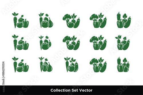 Fresh Vegetable Group Icon Set Vector Illustration, Organic Garden Veggies Silhouettes in Green