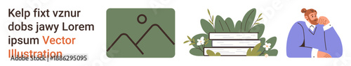 Education, reading habits, personal growth, ecology, mindfulness, lifestyle. Abstract nature icon, books with plants person in thought. Reading habits and ecology concepts