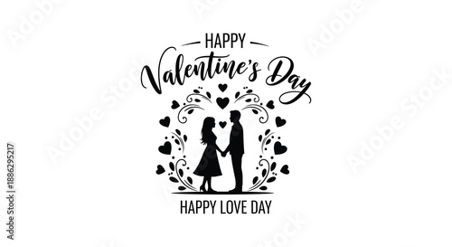 A romantic valentine s day illustration featuring a couple silhouetted amidst decorative hearts and floral embellishments fostering love