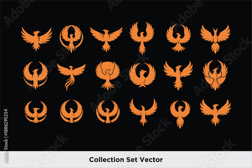 Phoenix Mythical Bird Icon Set Vector Illustration, Rising Fire Bird Silhouettes with Open Wings