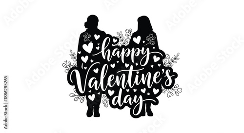 Silhouettes of a couple embracing amidst a flurry of hearts and the word happy valentine s day high quality