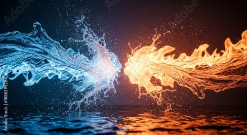 A powerful, energetic collision between abstract blue liquid splashes and vibrant orange fiery bursts, symbolizing opposing forces.