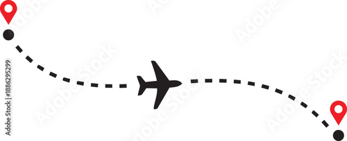 Airplane Flight Path with Red Location Pins – Black Silhouette Jet on Curved Dashed Route