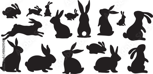 Rabbit Silhouettes in Various Poses – Black Animal Icons Showing Sitting, Hopping, Crouching, and Lying Down