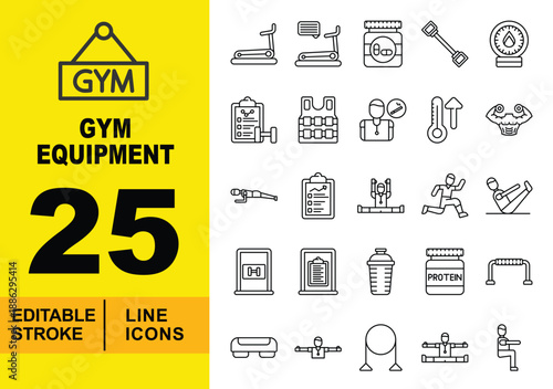 Fitness Training and Nutrition line icon set. Editable stroke icons for Workout Progress and Health. Containing Treadmill with Heart Rate, Medicine Bottle, Resistance Bar, Body fat Scale, Workout Plan