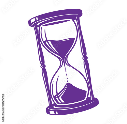 Purple hourglass with sand flowing from top to bottom on white background