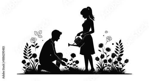 A silhouetted couple joyfully tending to a vibrant garden the woman watering flowers while the man gardens