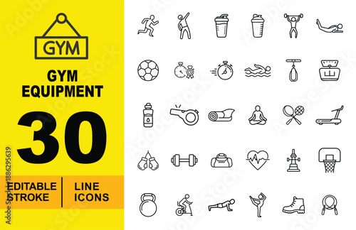 Sports and Fitness line icon set. Editable stroke icons for Healthy Lifestyle and Workout. Containing Running, Stretching, Shaker, Protein, Weightlifting, Plank, Soccer Ball, Stopwatch, and Swimming