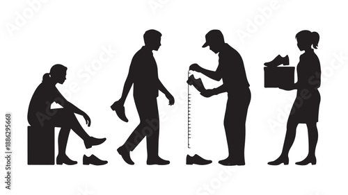 Silhouetted people in various work attire and actions in minimalist style with dramatic lighting on white background for corporate use