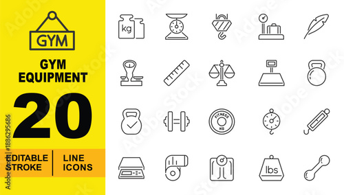 Weight and Scales line icon set. Editable stroke icons for Gym and Measurement. Containing KG Weights, Kitchen Scale, Hook Scale, Luggage Scale, Feather (Lightweight), Balance Scale, Ruler, Dumbbell