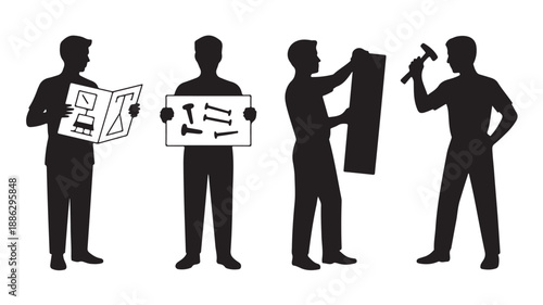 Silhouette of man holding blueprint in minimalist style with dramatic lighting on white background for architectural design