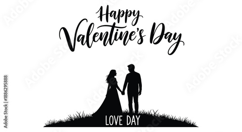 A romantic valentine s day scene depicts a couple silhouetted against a pink heart celebrating love and affection